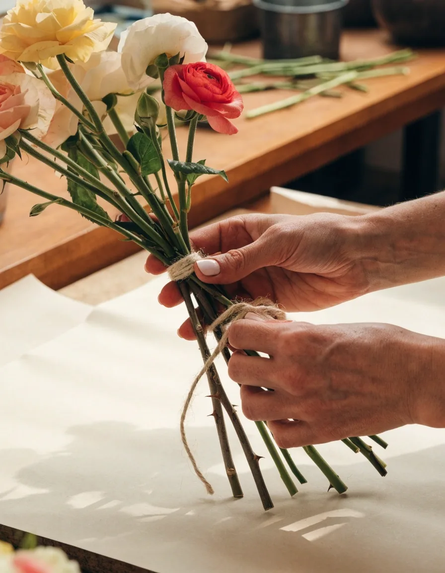 Bouquet de saison attaché avec de la ficelle sur papier ivoire