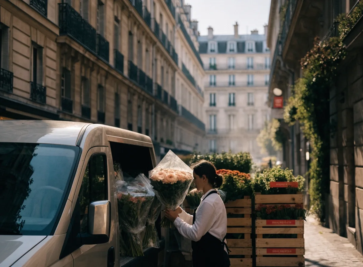 Caisse de fleurs et bouquet emballé prêt pour la livraison