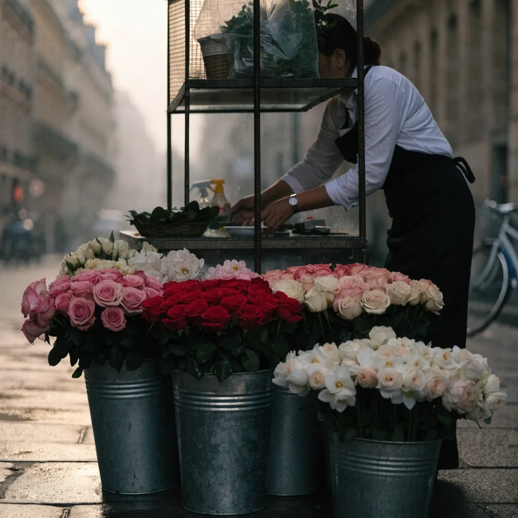 Étal de fleuriste parisien avec seaux de roses le matin