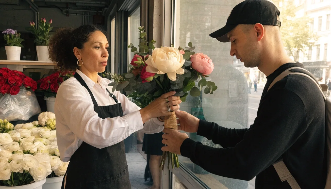 Mains de fleuriste préparant une pivoine fraîche sur un établi sombre