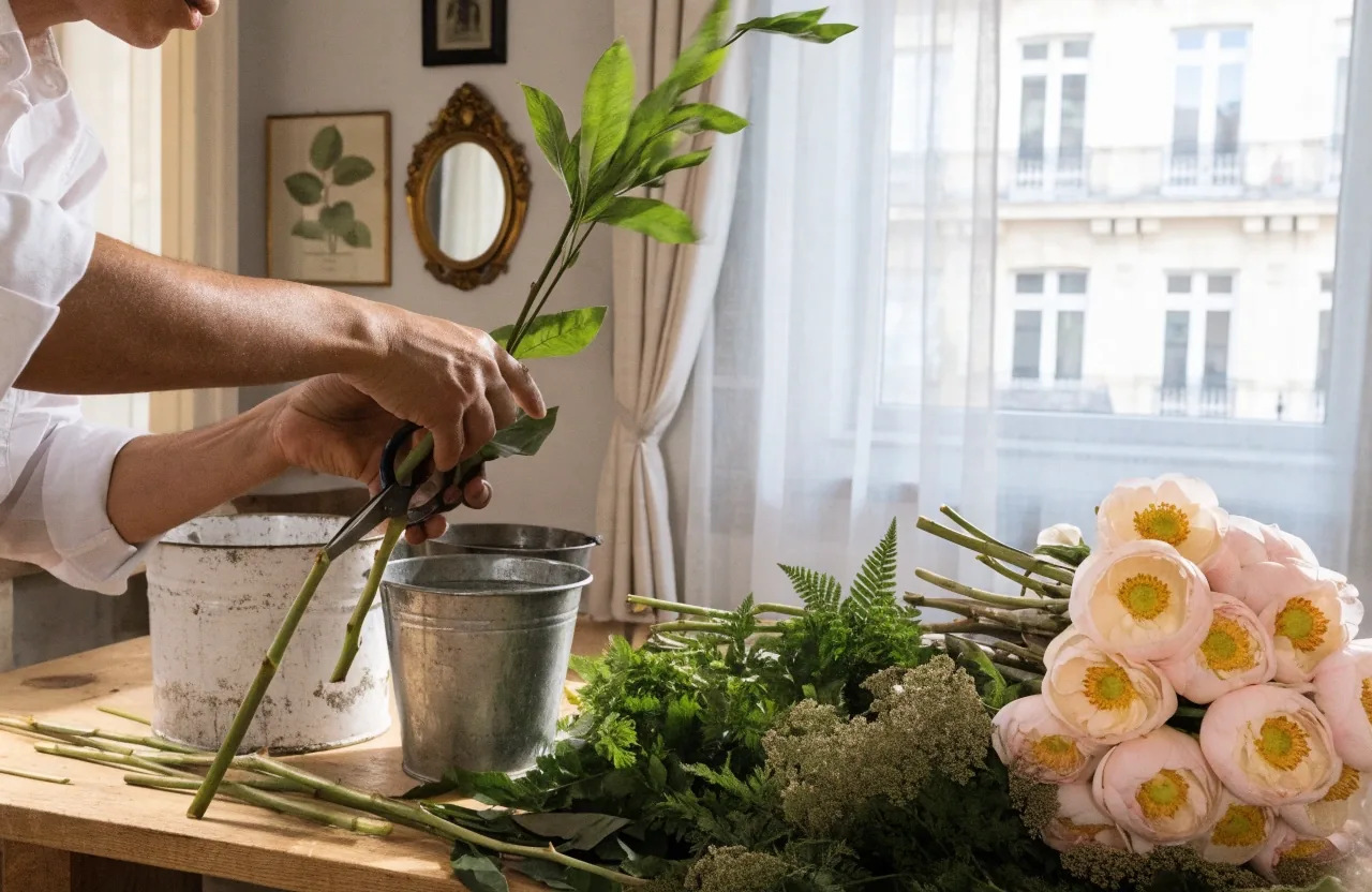 Table de préparation avec vase, tiges et outils de fleuriste