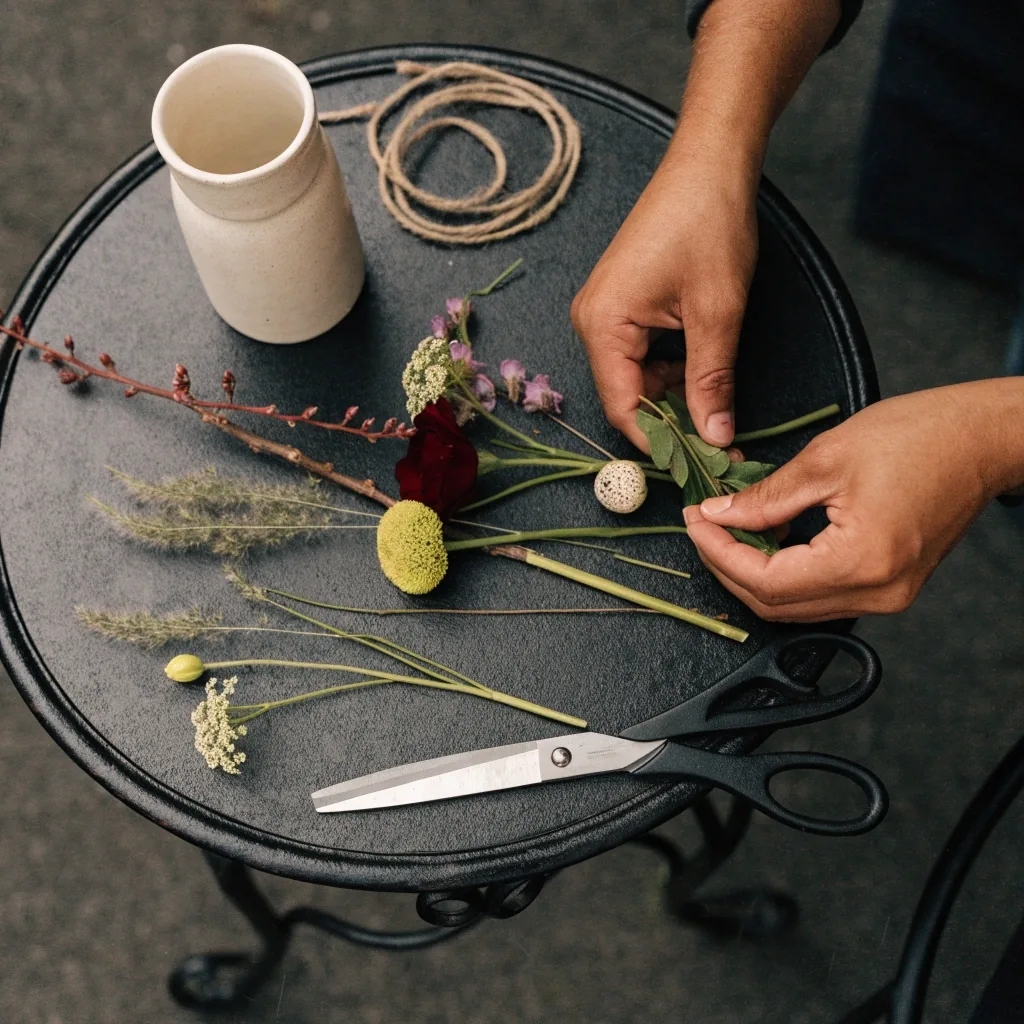 Table de préparation pour un petit bouquet d'occasion