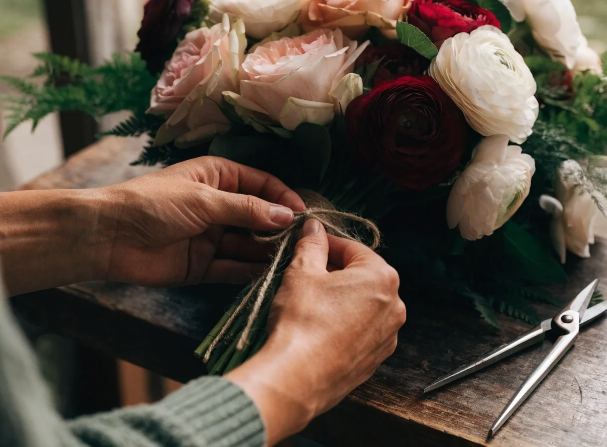 Mains d un fleuriste nouant un bouquet de saison sur un établi
