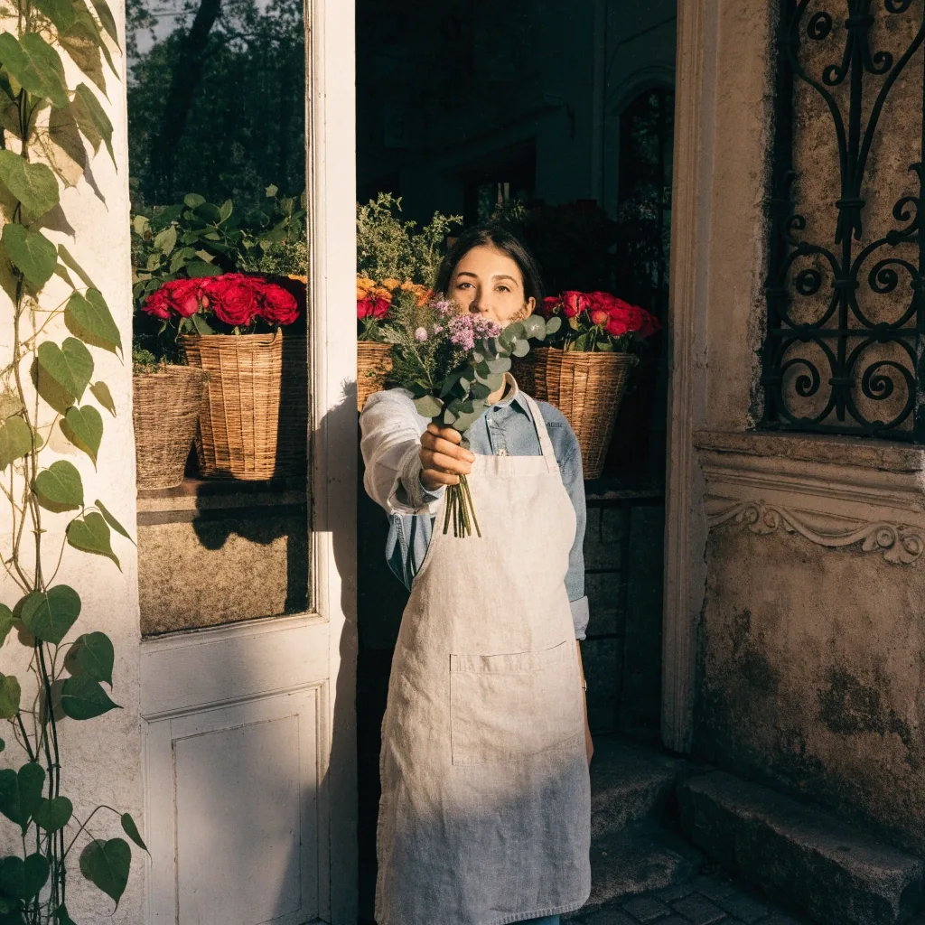 Pivoine saturée devant la porte d une boutique de fleurs à Paris