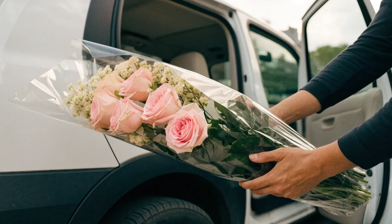 Bouquet préparé pour une livraison express dans un véhicule de fleuriste
