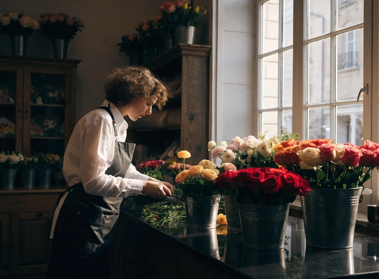Boutique de fleuriste un dimanche matin avec seaux de roses