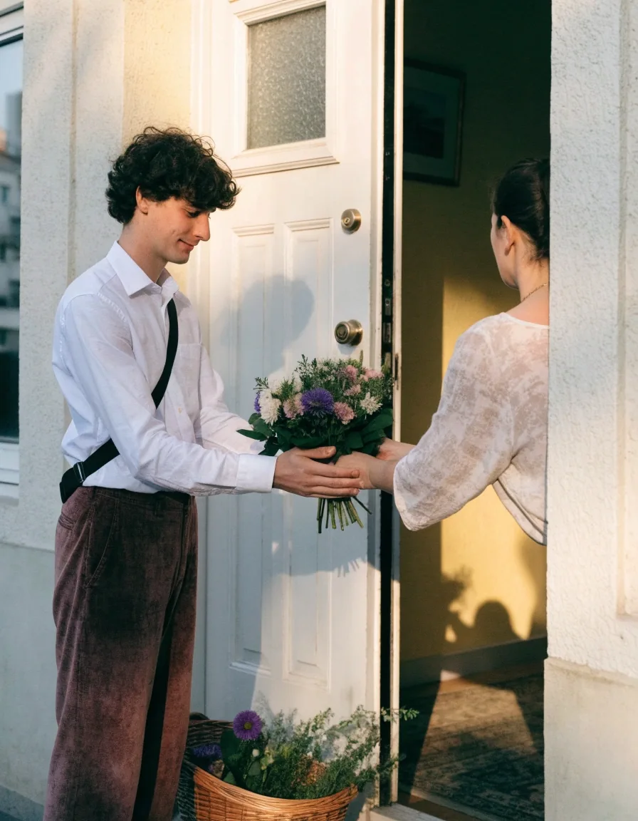 Mains d’un fleuriste préparant un bouquet le matin de la livraison