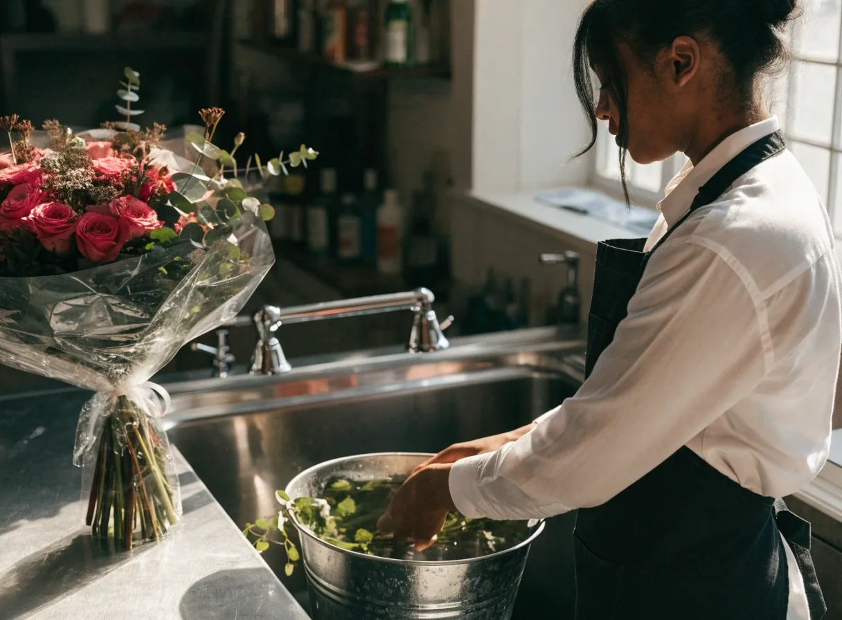 Plan de travail avec tiges, vase et outils pour préparer une commande urgente