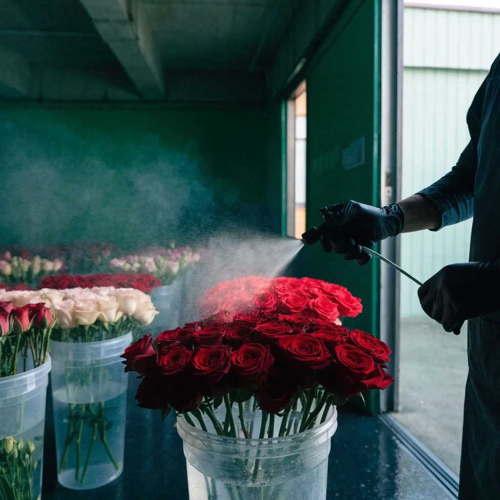 Réserve fraîche d’un fleuriste avec bacs de roses en chambre froide