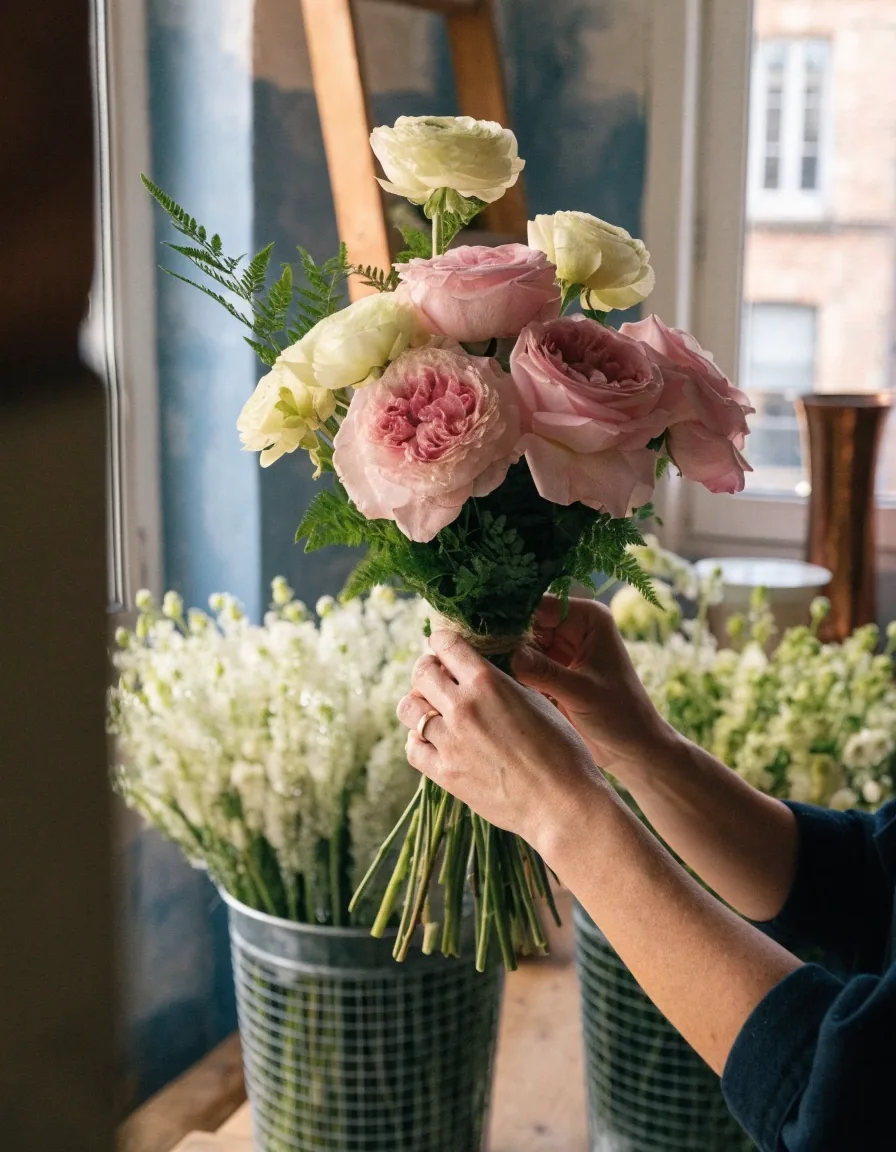 Bouquet de saison aux roses et renoncules