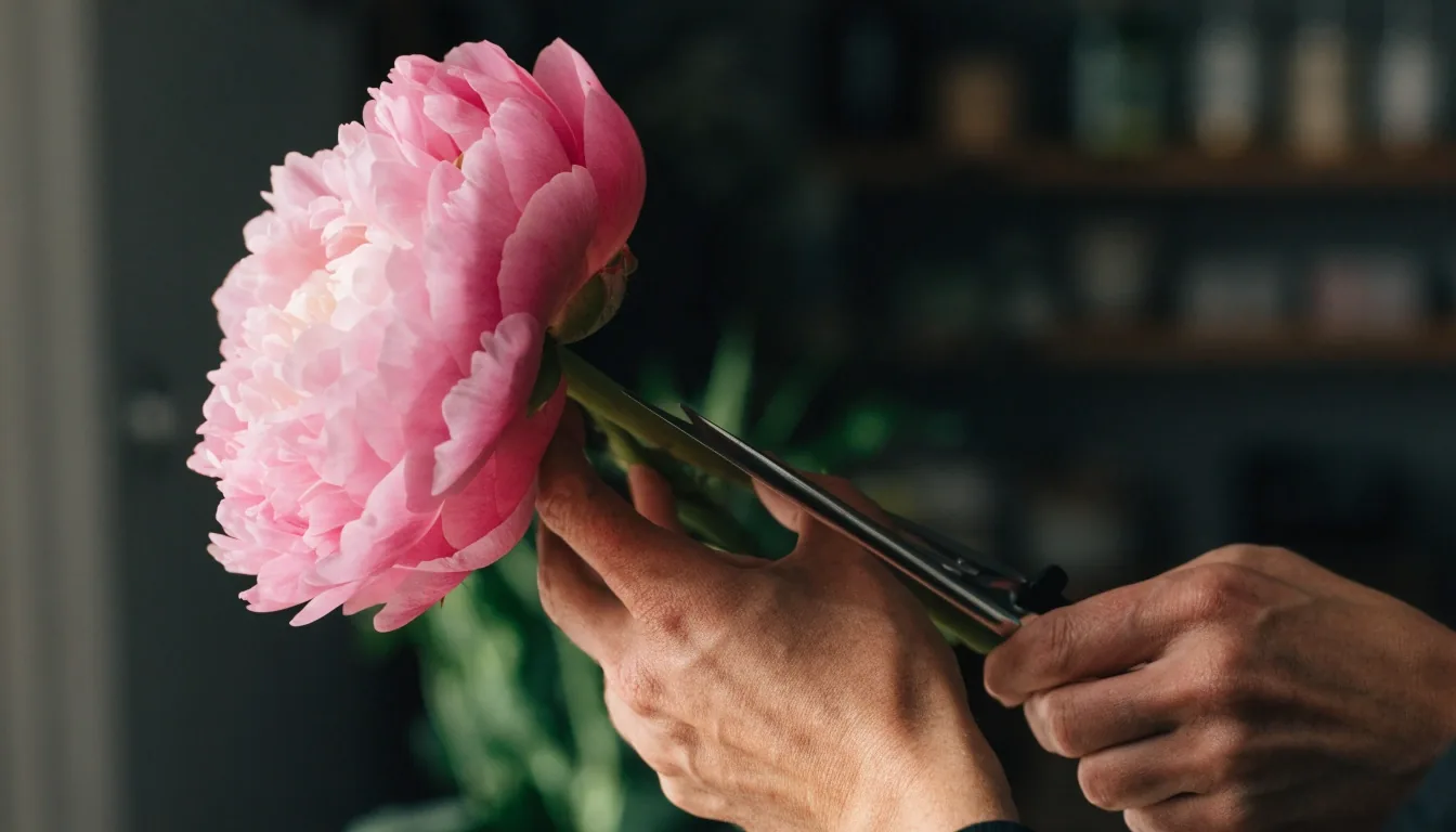 Pivoine fraîche tenue par les mains d un fleuriste dans un atelier sombre