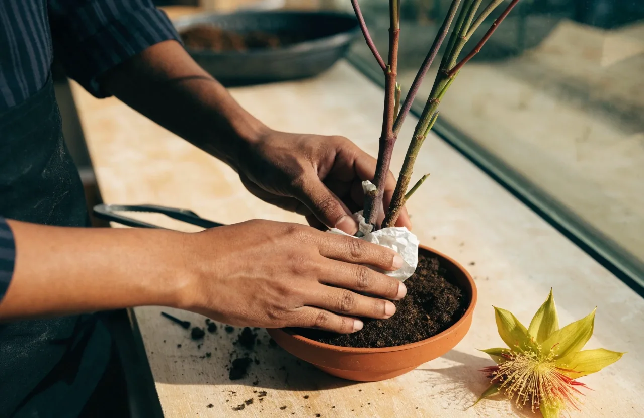 Plante d intérieur et fleur à côté sur papier clair