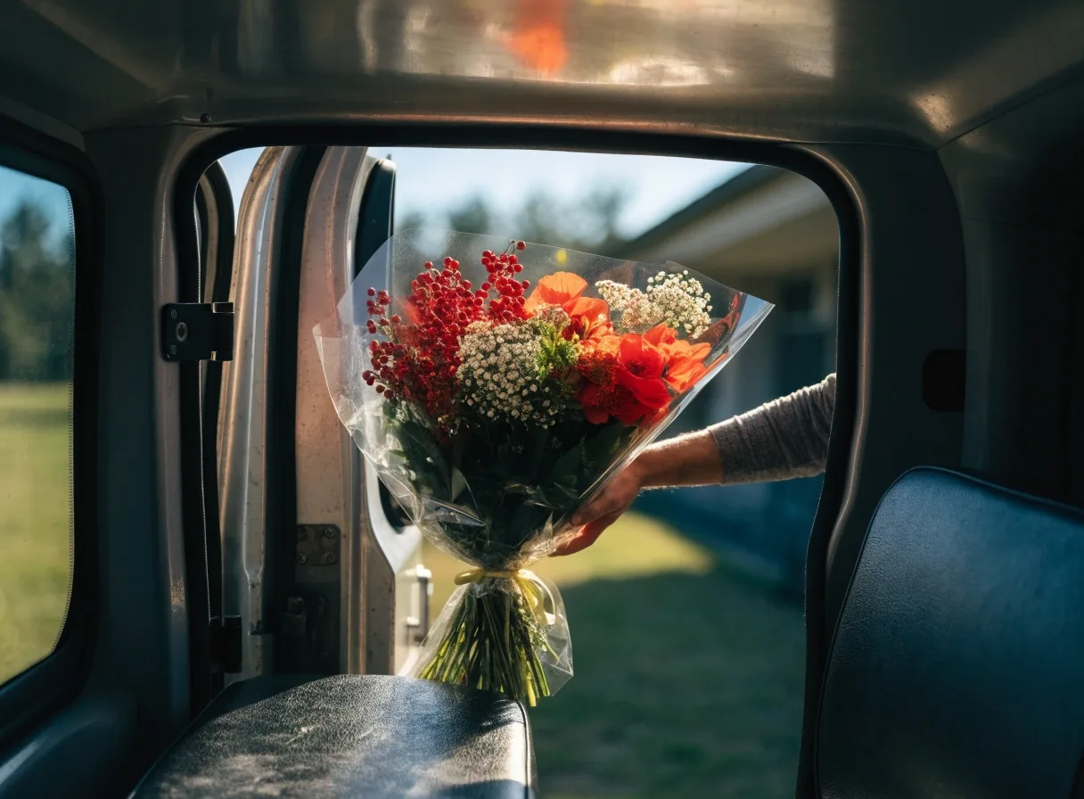 Bouquet emballé prêt à partir en livraison de proximité