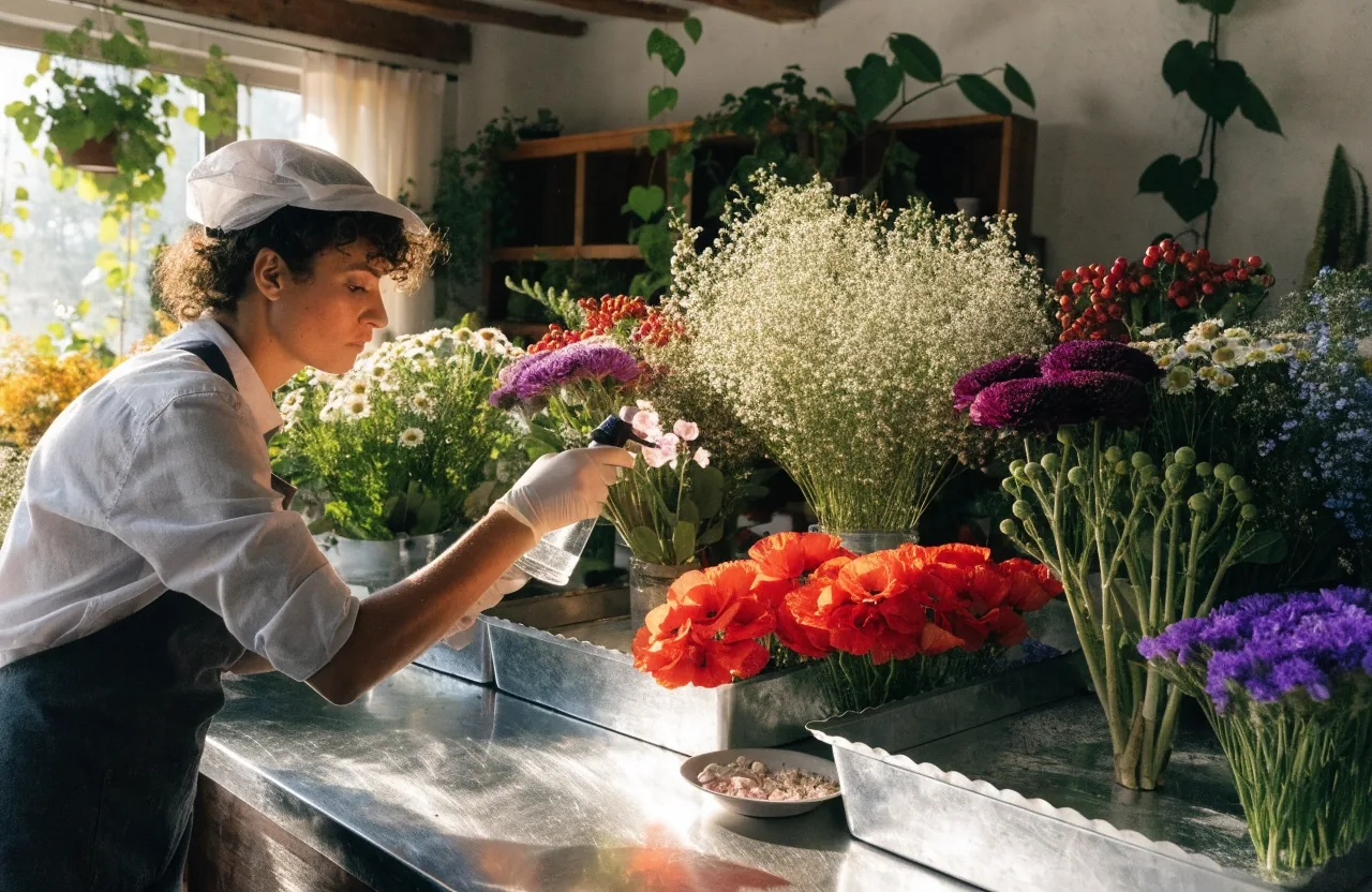 Bouquet de saison aux tons vifs composé par un artisan