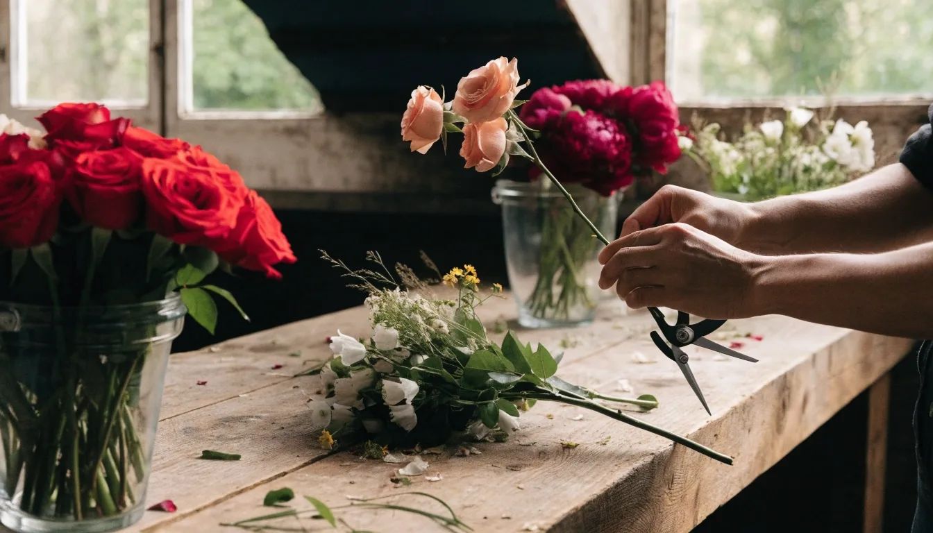 Mains d'un artisan fleuriste composant un bouquet dans l'atelier