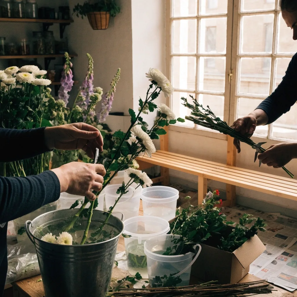 Préparation d'un bouquet par un fleuriste le matin de la livraison