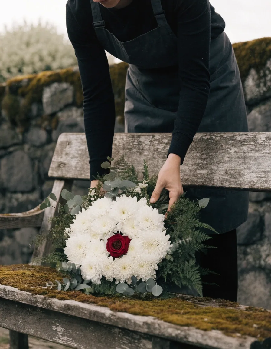 Gerbe de fleurs de deuil posée sur un banc de pierre
