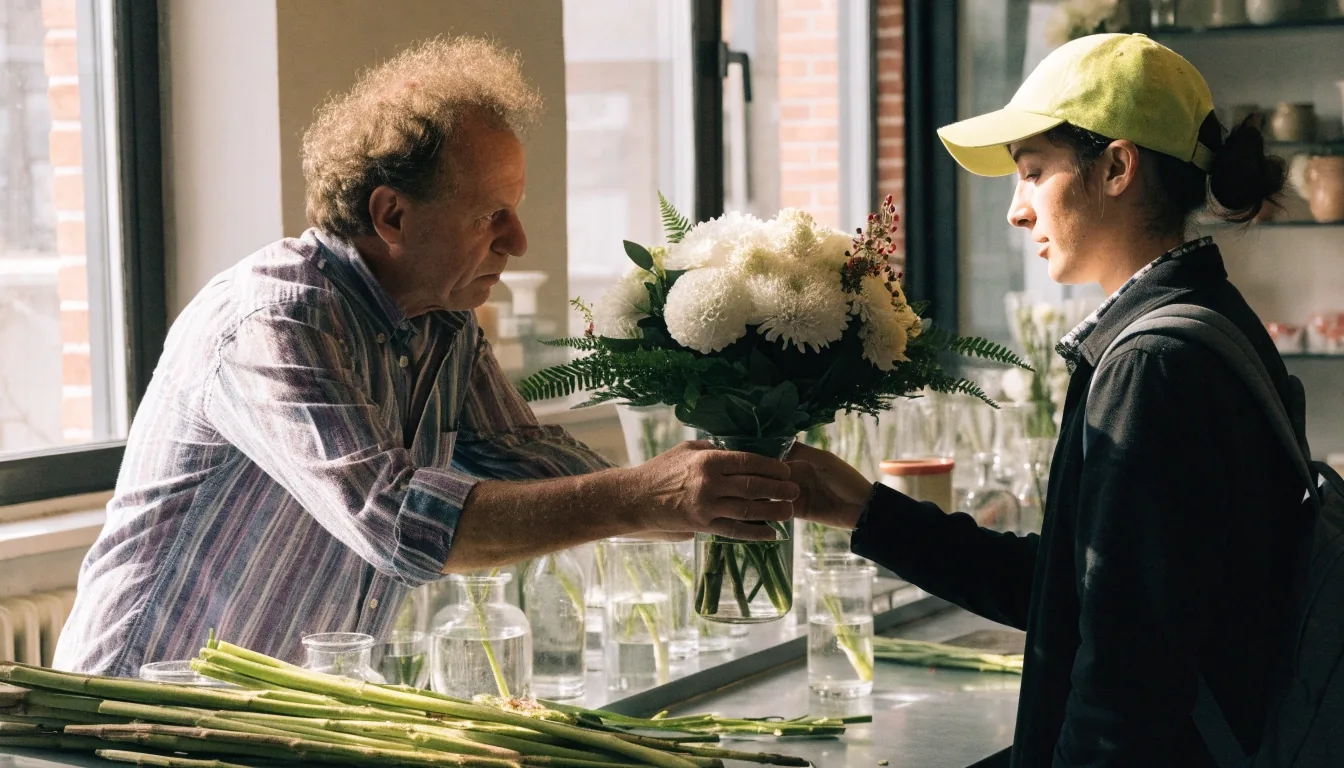 Mains d'un fleuriste préparant des tiges à l'établi