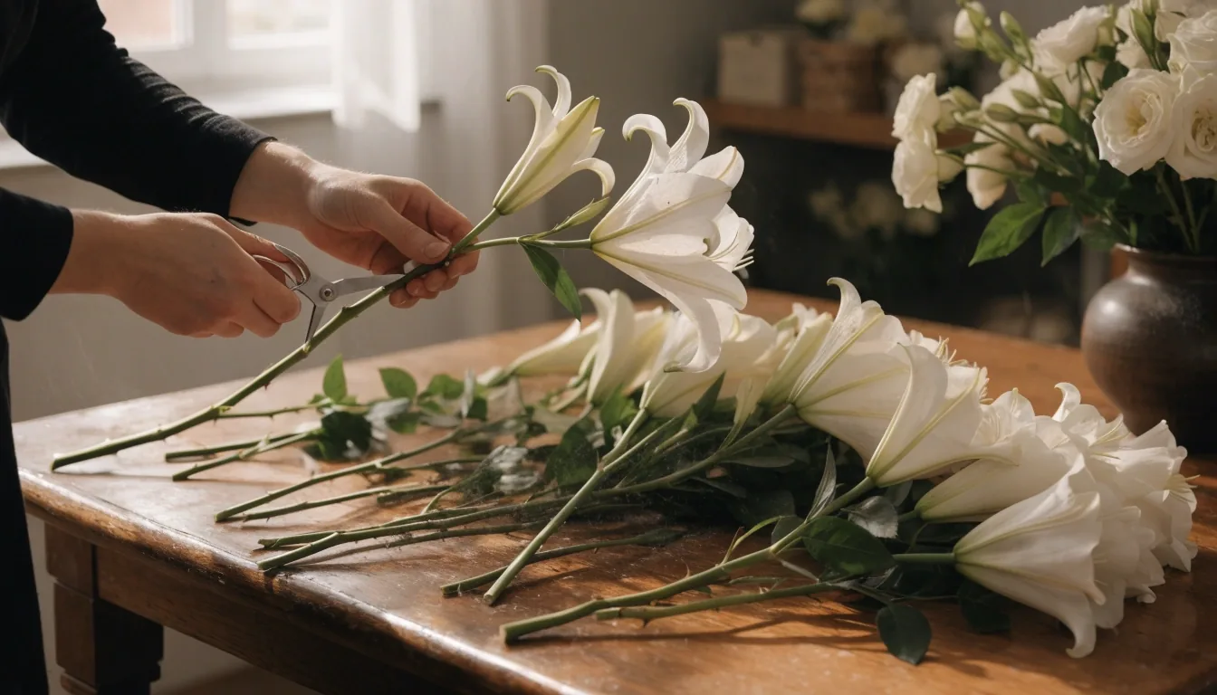 Table de fleuriste avec tiges, vase et outils pour composer un bouquet d'occasion