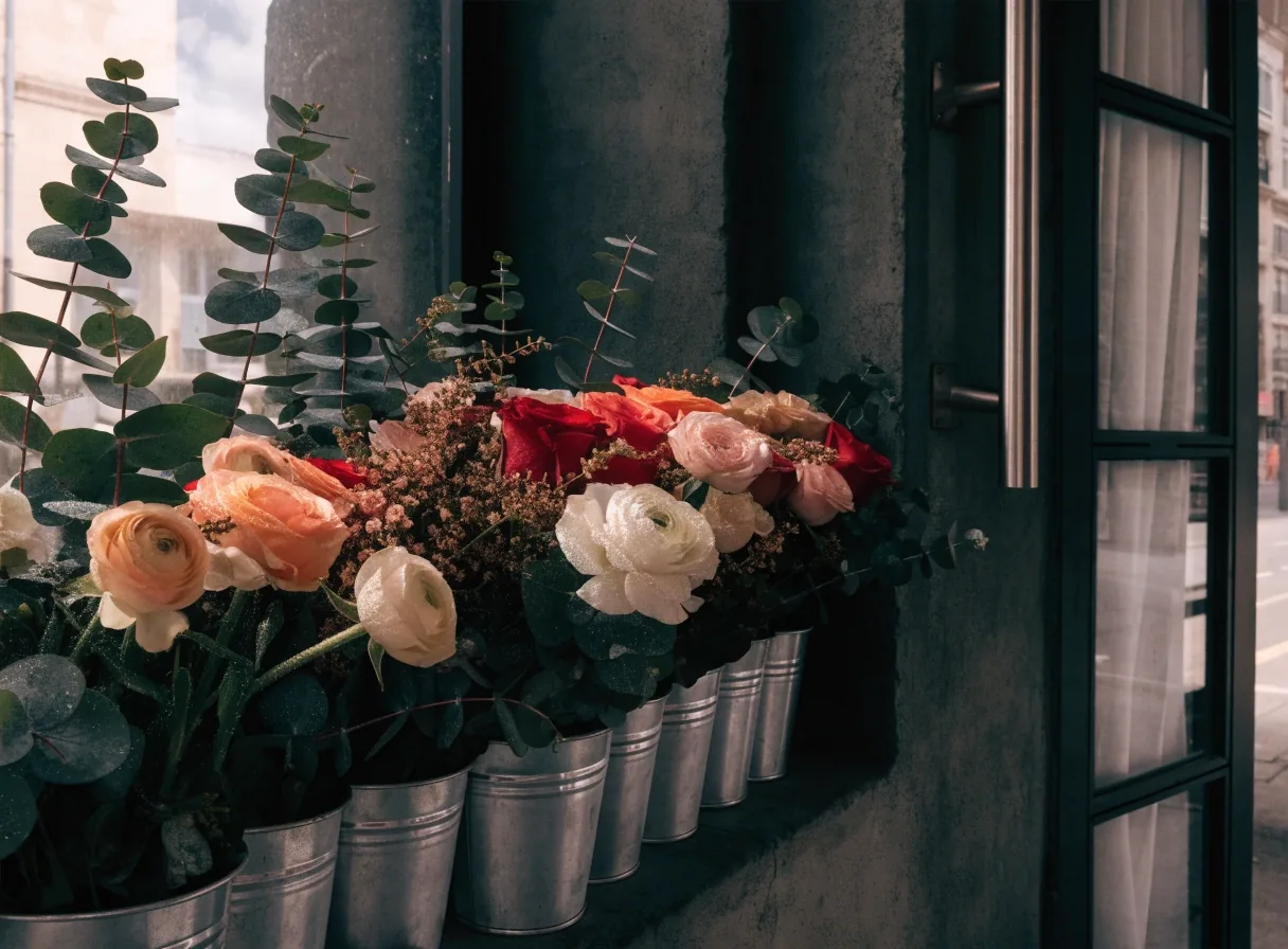 Établi de fleuriste avec seaux de fleurs fraîches