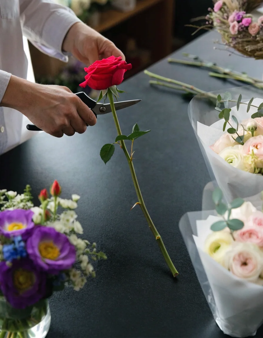 Mains de fleuriste préparant une tige à l’établi