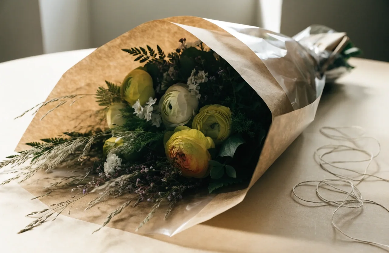 Bouquet de saison emballé posé sur papier kraft
