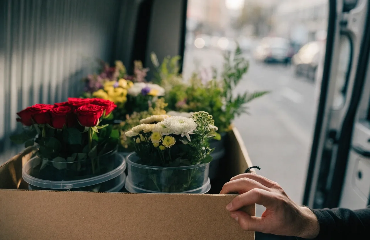 Caisse de fleurs dans un véhicule de livraison, main du fleuriste