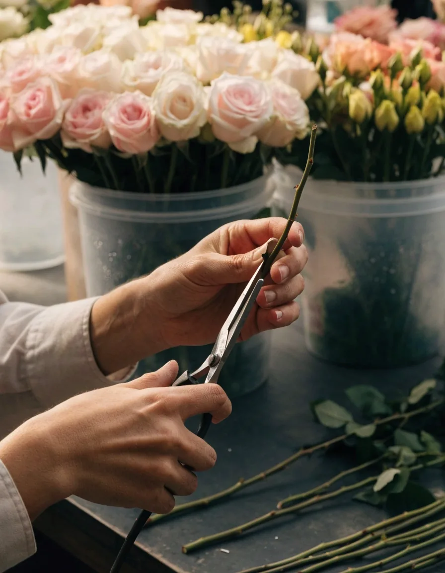 Mains d’un fleuriste taillant une tige de rose sur établi sombre